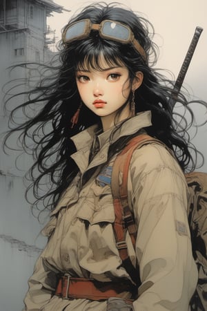 Drawing inspiration from modern masters like Yoshitaka Amano,Range Murata, Katsuya Terada, the artwork should encapsulate As unyielding rain turns into shimmering medals and handwritten
notes,
young girl is russian assasin holding knife find shelter in the trenches, their expressions a mix of resilience and nostalgia, wear clothes to stealth,
and their uniforms soaking with both water and memories.
while emphasizing elements of deep digital painting layers