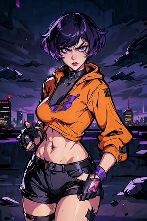(masterpiece), best quality, high resolution, extremely detailed, detailed background, 1 girl, solo, reina, multicolored hair, purple eyes, choker, velmadinkley, fingerless gloves, abstract background, scenary, grumpy face, makeup, purple lipstick, beautiful eyes, curvy, slim waist, 🌃🌆.
