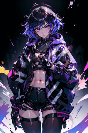 (masterpiece), best quality, high resolution, extremely detailed, detailed background, better_hands, (hands:1.1), Detailedface, 1 girl, solo, reina, multicolored hair, purple eyes, choker, purple jacket, see-through, black shirt, black shorts, fingerless gloves, pantyhose, abstract background, scenary, grumpy face, makeup, purple lipstick, beautiful eyes, curvy, slim waist, 🌃🌆.