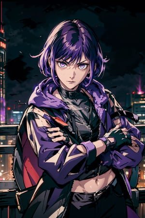 (masterpiece), best quality, high resolution, extremely detailed, detailed background, 1 girl, solo, reina, multicolored hair, purple eyes, choker, makima (chainsaw man), fingerless gloves, abstract background, scenary, grumpy face, makeup, purple lipstick, beautiful eyes, curvy, slim waist, 🌃🌆.