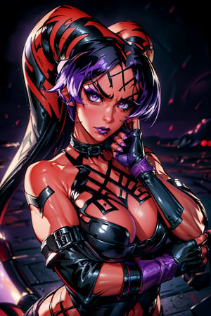 (masterpiece), best quality, high resolution, extremely detailed, detailed background, 1 girl, solo, reina, multicolored hair, purple eyes, choker, DarthTalon, fingerless gloves, abstract background, scenary, grumpy face, makeup, purple lipstick, beautiful eyes, curvy, slim waist, 🌃🌆.