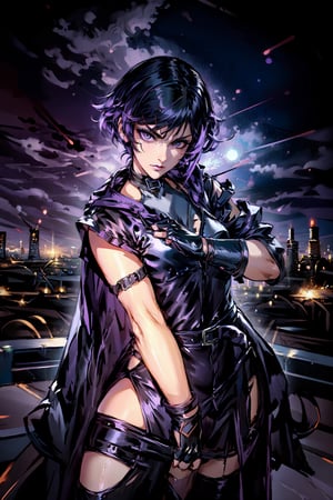 (masterpiece), best quality, high resolution, extremely detailed, detailed background, 1 girl, solo, reina, multicolored hair, purple eyes, choker, sthoutfit, fingerless gloves, abstract background, scenary, grumpy face, makeup, purple lipstick, beautiful eyes, curvy, slim waist, 🌃🌆.