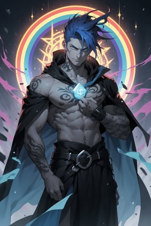 male, mage, colorized, colorful, rainbow_hair, broad_shoulders,symmetrical_eyes,colorful_hair,long_rainbow_hair, mature, strong, large_chest, shirtless,rainbow_hair,anime_eyes,modern_fantasy, muscular,  tall, mage, sorcerer, dynamic_pose, heroic_pose, tattoos, cloak,, jacket, color_distortion, runes, powerful, fantasy, square_jawline,casual, black_eyes, blue_eyes, ,wowdk,HApollo