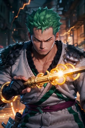 Create a dynamic animation showcasing Roronoa Zoro, exuding power and skill, engaging in a fierce fight scene. Captivate the viewer with the intense motion and precise strikes of his two swords. Emphasize the character's determination, showcasing his physique, wild hair, and unique clothing style. Illuminate the scene with dramatic lighting, highlighting Zoro's intensity. Draw inspiration from high-octane samurai films and capture the essence of the character's expertise and unwavering spirit in this electrifying animation. Max length: 323 chars.,roronoa zoro,zoro