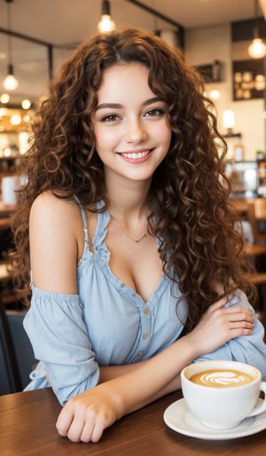 beautiful girl, long curly hair smiling in cafe