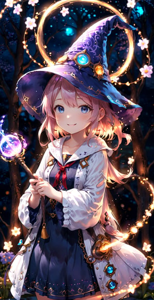 anime, cute girl, solo, wizard hat, robe, holding ancient staff, happy, magic circle, midnight, bloom, ambient occlusion, glowing lights, light particles, bokeh