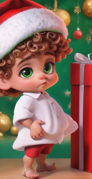 masterpiece, best quality, 1 boy, tanned hair, (long curly: 1.3), tanned eyes, (frown: 1.5), christmas santa hat clothes, holding a red box with a green bow, ( leaning forward: 1.3), 3/4 of the body, baby face, baby face
