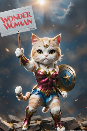 ((female cat representing Wonder Woman)), (powerful cat in the form of Wonder Woman, the Amazon warrior.), (((holding a sign with the text: "WONDER WOMAN"))), action-packed background