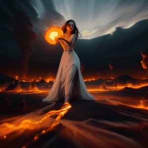 a beautiful woman in white long dress dissolving into a whirlwind of fire over a dystopic landscape, apocalyptic, blizzard,  skulls and bones on the ground, (darkness, night, little light, dark atmosphere, sunset), centered, highly detailed, photorealistic, (high detailed skin:1.2), vibrant colors, intricate, ultra hd, sharp focus, raw photo         dissolve