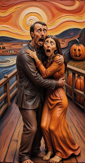 (realistic painting of a frightened man and woman, (hugging each other in fear: 1.4), full height, made of clay, Edvard Munch style, (the scream painting: 1.4), (colored background: 1.1), bridge, castle, outside, (hands touching face:0.7), scared man and woman, extremely detailed, intricate details, 4k, 8k, maximum quality possible please, (pumpkin on the floor:1.1), barefoot, put sunset, scary things, scary atmosphere