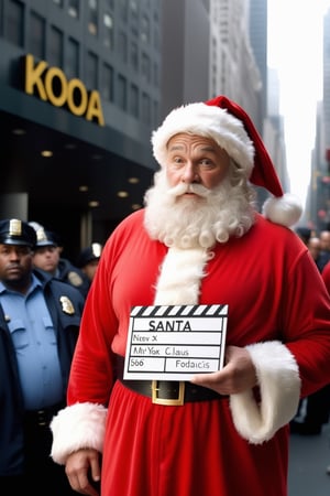   (Sharp Detailed Image)
In an Oscar-winning film for Best Cinematography, a man with a Santa Claus fanatic in an orange shirt stands in front of a Kodak Motion Picture Film Style photo, (holding a sign with his arrest information: "SANTA CLAUS- 56 YEARS OLD- NEW YORK ")