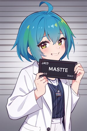 ((masterpiece)), (best quality, highres), 1girl, smirk, upper body, barbie mugshot, labcoat, shirt, shirt tucked in, single vertical stripe, necklace,concept_ken_mugshot_ownwaifu,earth-chan