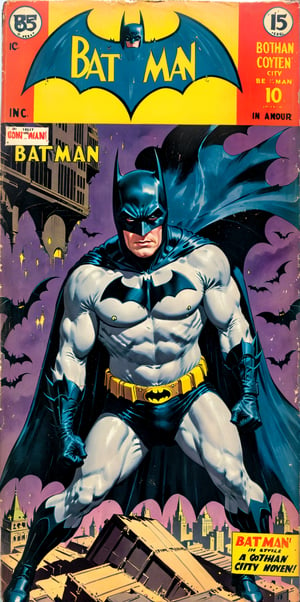 Vintage comic book cover of "BATMAN", in Gothan city.,VintageMagStyle