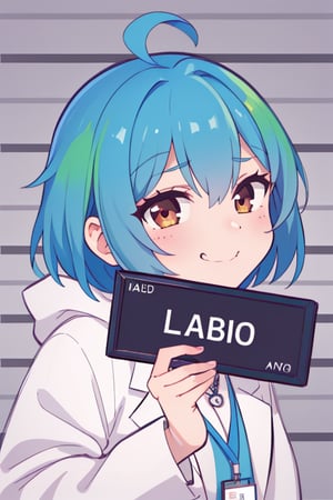 ((masterpiece)), (best quality, highres), 1girl, smirk, upper body, barbie mugshot, labcoat, shirt, shirt tucked in, single vertical stripe, necklace,concept_ken_mugshot_ownwaifu,earth-chan