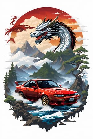 "Creating a cool phone wallpaper: A Nissan Silvia s 13 embarking on an epic adventure, A japanese rising red white sun , a lake, a forest, and a mountainous terrain, The sky adorned with a flying dragon, Vector art style, Inspired by the game Skyrim's fantasy world." , NO BACKGROUND, Transparent Background
