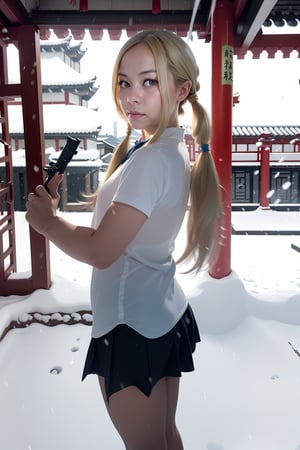 Babydoll is a blond woman with twintails and school uniform. She is aiming guns  in a chinese temple in the snow 