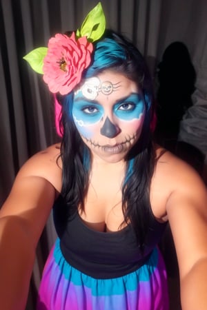 score_9, score_8_up, score_7_up, score_6_up, score_5_up,   mexican hatsune miku, 1girl, solo, twin braids, multicolored hair, tan skin, curvy, hair flower, dod, La Catrina face paint, sugar skull face paint, spooky, black background, dress, colourful