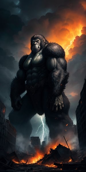 1man, ground level BREAK gigantic and terrifying (king kong (entire body), destroying the city, fire, [[rubble, debris]], highly detailed digital art, realistic style, amazing artwork, hyperrealistic, cinematic lighting, cinematic photograph, 8k, volumetric lighting BREAK lightning storm, green lightning,