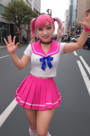 best quality, amazing quality, very aesthetic, absurdres,
1girl, chibiusa, pink hair, twintails, cone hair bun, double bun, red eyes, earrings, hair ornament, tiara,
heart brooch, choker, white elbow gloves, magical girl, multicolored clothes, multicolored pleated skirt, pink sailor collar, sailor senshi uniform,
wink, waving at viewer with one hand, outdoors, blue sky, smile, upper body, solo, looking at viewer, buildings, tokyo street background    