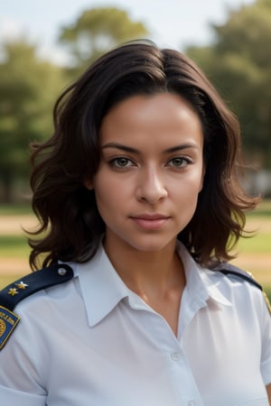 professional photograph, female officer police , with uniform white short sleeve shirt, posing like a model, languid look, perfect symmetric eyes, with soft lush curly white long hair, hyper-realistic, digital graphics, sharp focus, perfect composition, a model of ultra-high quality and clarity, perfect play of light and shadow, 32k HDR, hyper-detailing, complex artistic masterpiece