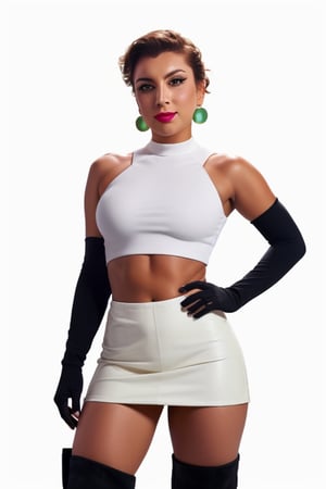 jessie, team rocket, earrings, hair slicked back, posing, makeup, elbow gloves, crop top, miniskirt, thigh boots, cowboy shot, white background perfect, sharp, masterpiece, detailed, high resolution, best quality,