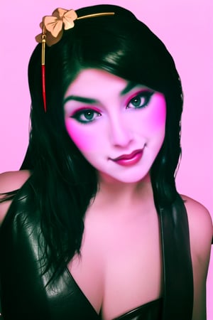 woman with a robotic geisha face, porcelain skin and human body,
long vampire golden fangs as teeth, pink details, leather fashion,
long black hair, white background