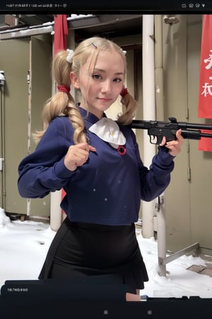 Babydoll is a blond woman with twintails and school uniform. She is aiming guns  in a chinese temple in the snow 