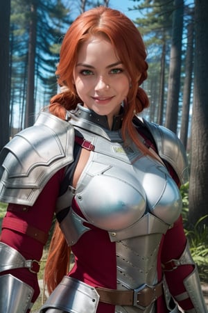 masterpiece, best quality, 1girl, solo,   defttna, red hair, green eyes, braided ponytail, armor, shoulder armor, red coat, gauntlets, belt, pelvic curtain, pants, upper body, looking at viewer, serious, smile, forest, blue sky