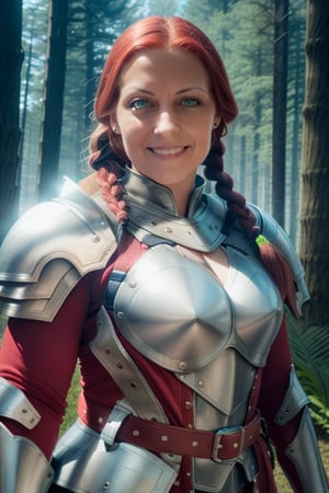 masterpiece, best quality, 1girl, solo,   defttna, red hair, green eyes, braided ponytail, armor, shoulder armor, red coat, gauntlets, belt, pelvic curtain, pants, upper body, looking at viewer, serious, smile, forest, blue sky