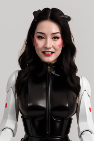 woman with a robotic geisha face, porcelain skin and human body,
long vampire golden fangs as teeth, pink details, leather fashion,
long black hair, white background