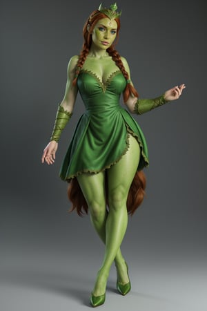 score_9, score_8_up, score_7_up, score_6_up, score_5_up,    fiona, 1girl, red hair, braid, green dress, blue eyes, crown, full body, ogre, green skin, freckles, high heels,