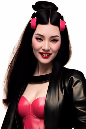 woman with a robotic geisha face, porcelain skin and human body,
long vampire golden fangs as teeth, pink details, leather fashion,
long black hair, white background