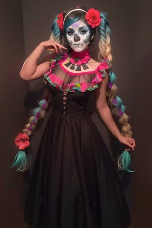 score_9, score_8_up, score_7_up, score_6_up, score_5_up,   mexican hatsune miku, 1girl, solo, twin braids, multicolored hair, tan skin, curvy, hair flower, dod, La Catrina face paint, sugar skull face paint, spooky, black background, dress, colourful