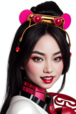 woman with a robotic geisha face, porcelain skin and human body,
long vampire golden fangs as teeth, pink details, leather fashion,
long black hair, white background