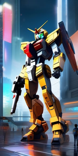 
Full-body depiction of a young kid, futuristic urban setting, enormous mechanized gundam, hazy cityscape, art platform, ultra-high resolution, advanced rendering engine, cutting-edge game development software, intricate craftsmanship, artistic concept, lifelike representation, exquisite precision, compositional balance in thirds.