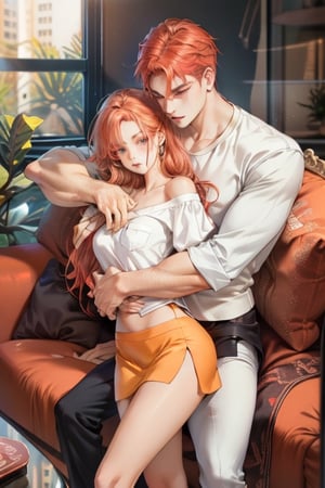 Couple of a corean man and a Real girl for VROID, light red hair, long hair, white shirt, violet skirt, pocket,edgSDress, hugging in a sofa in house