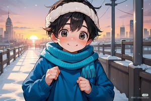 a little boy a wool cap , blue sweater,male, lifting his sweater, snow, sunset ,looking, blushing, cute, blushing, black eyes, black hair, smile, city, modern city,scarf
