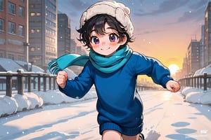 a little boy a wool cap , blue sweater,male,running, snow, sunset ,looking, blushing, cute, blushing, black eyes, black hair, smile, city, modern city,scarf
