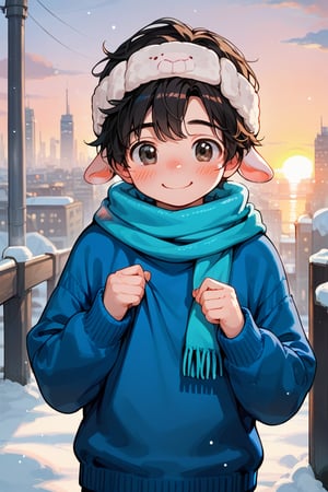 a little boy a wool cap , blue sweater,male, lifting his sweater, snow, sunset ,looking, blushing, cute, blushing, black eyes, black hair, smile, city, modern city,scarf
