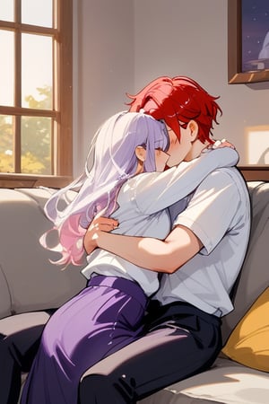 Couple of a corean man and a girl , light red hair, long hair, white shirt, violet skirt, hugging in a sofa in house,jaeggernawt,Indoor