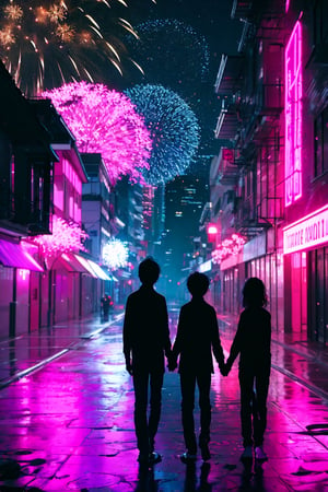 3 persons(1girl,1littleboy,1man),long girl hair, 1girl, shirt, red girl hair, 1littleboy, black boy hair, 1man, black man hair (holding hands ), flower, outdoors, sky, from behind, petals, night, plant, building, night sky, scenery, pink flower, city, facing away, fireworks,	 SILHOUETTE LIGHT PARTICLES,neon background
