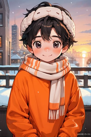 a little boy a wool cap , orange sweater,male, lifting his sweater, snow, sunset ,looking, blushing, cute, blushing, black eyes, black hair, smile, city, modern city,scarf
