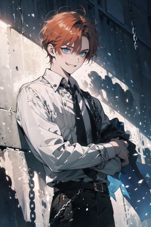 One boy(adult male), red hair, blue crazy eyes, crazy smile(sharp teeth:1.2), masterpieces (masterpiece :1.1), best quality, high quality, chlotes( black chlotes (chlotes :1.2), chains), background (prison, little light from top, chains on the wall, sing where write (dangerous) high sun)