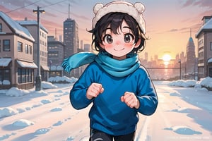 a little boy a wool cap , blue sweater,male,running and playing with de snow, snow, sunset ,looking, blushing, cute, blushing, black eyes, black hair, smile, city, modern city,scarf
