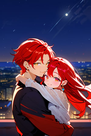 1girl red hair, long_hair, hug, night, 1boy black_hair, Man_hugs_girl_from_behind, shirt, hetero, looking_at_viewer, brown_hair, night_sky, couple, sky, long_sleeves, jewelry, earrings, cityscape,jaeggernawt