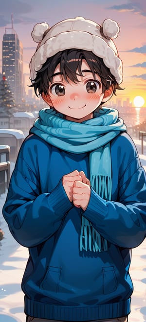 a little boy a wool cap , blue sweater,male, lifting his sweater, snow, sunset ,looking, blushing, cute, blushing, black eyes, black hair, smile, city, modern city,scarf
