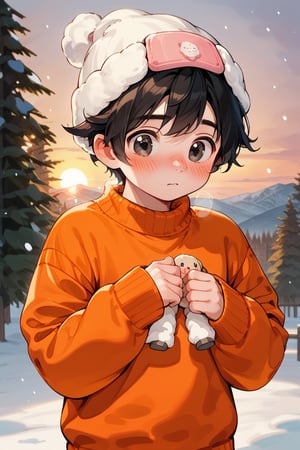 a little boy a wool cap drow in orange sweater,male, lifting his sweater, snow, sunset ,looking, blushing, cute, blushing, black eyes, black hair
