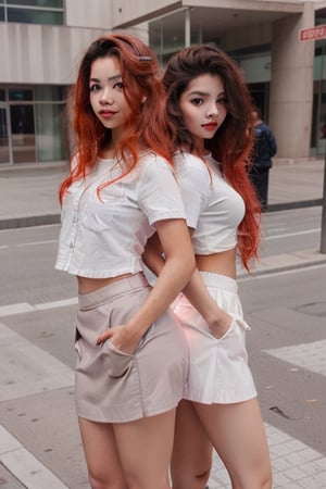 Couple of a corean man with black hair and a latin girl with light red hair, long hair, white shirt, grey skirt, pocket,style,photorealistic,Wonder of Beauty,girl,Sexy Pose