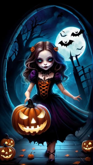 A beautiful female horror character with a Halloween theme, highly detailed, cinematic lighting, dark and eerie atmosphere, dramatic shadows, digital painting, inspired by the works of artists like Victoria Francés and Jasmine Becket-Griffith.,A girl dancing 