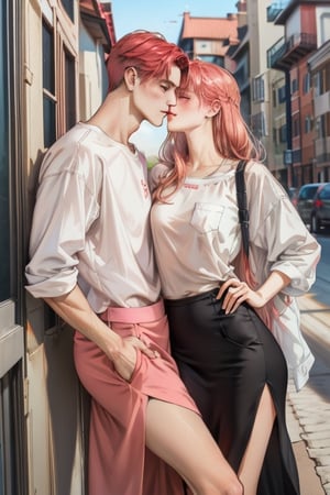 Couple of a corean man and a Real girl for VROID, light red hair, long hair, white shirt, pink skirt, pocket,edgSDress,1boy, kissing